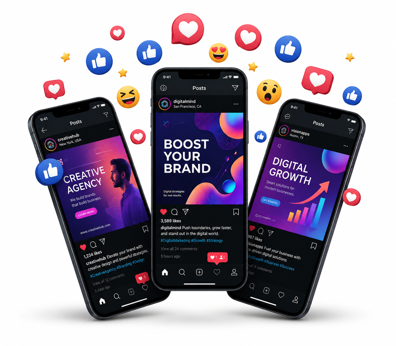 Social media engagement likes and posts dashboard