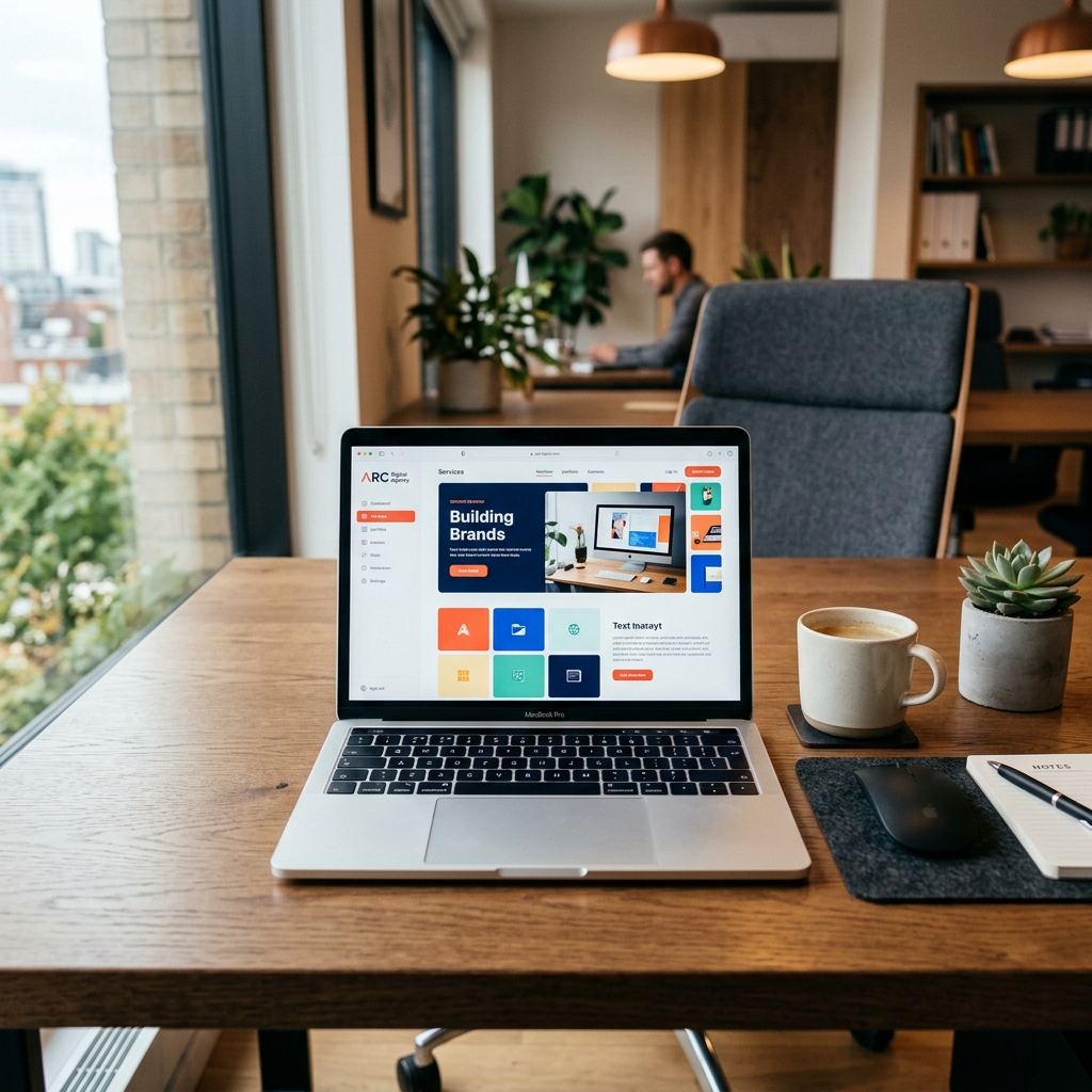 Workspace workstation with laptop screen showing design