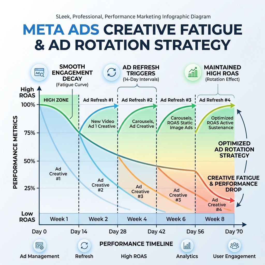 Meta Ads Creative Fatigue & Ad Rotation Strategy Decay Curve Chart