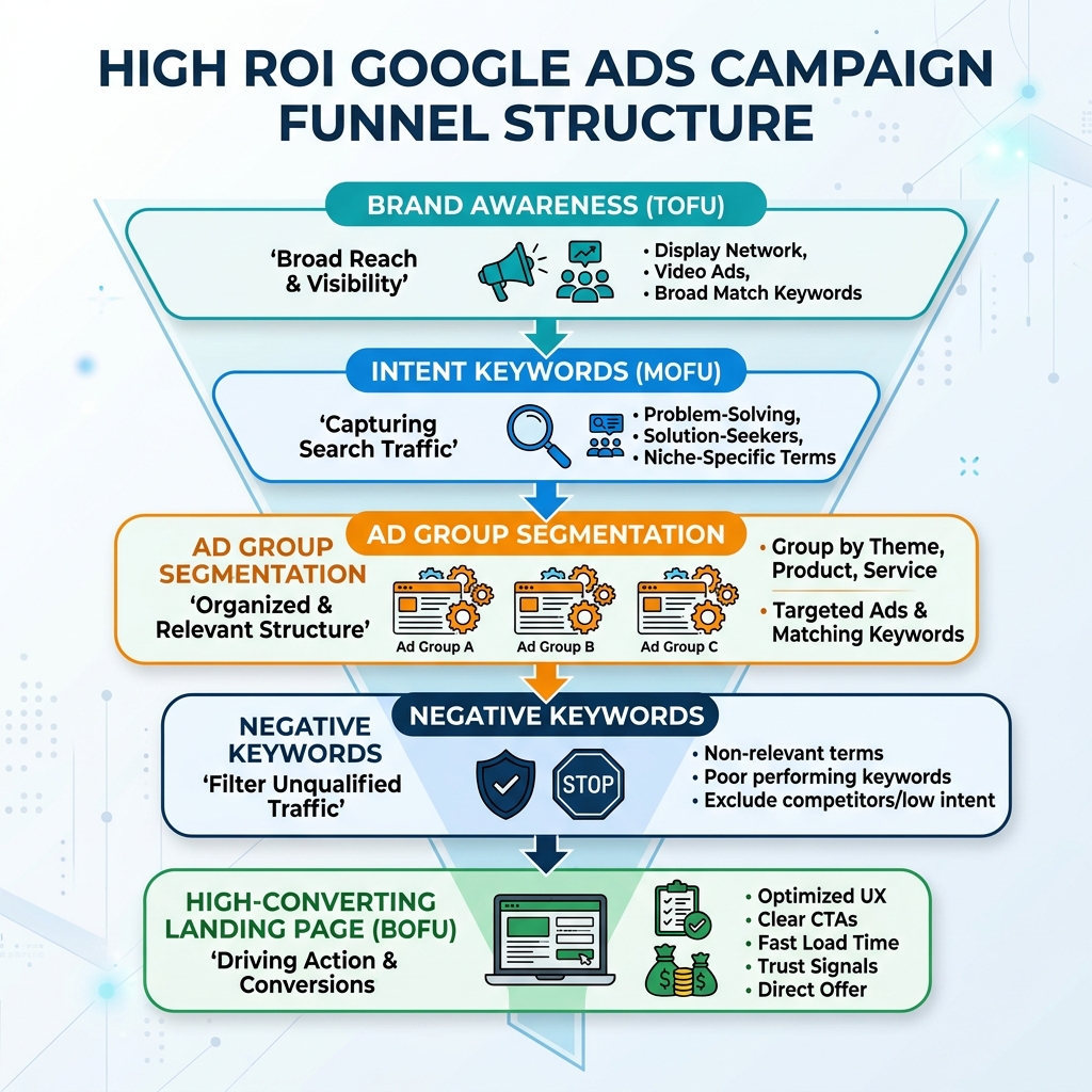 High ROI Google Ads Campaign Funnel Structure Diagram