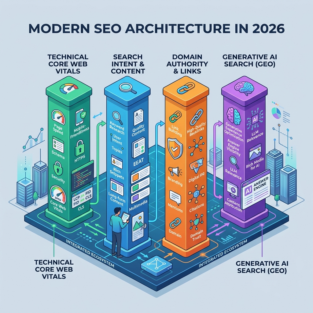 Modern SEO Architecture Pillars in 2026 Diagram